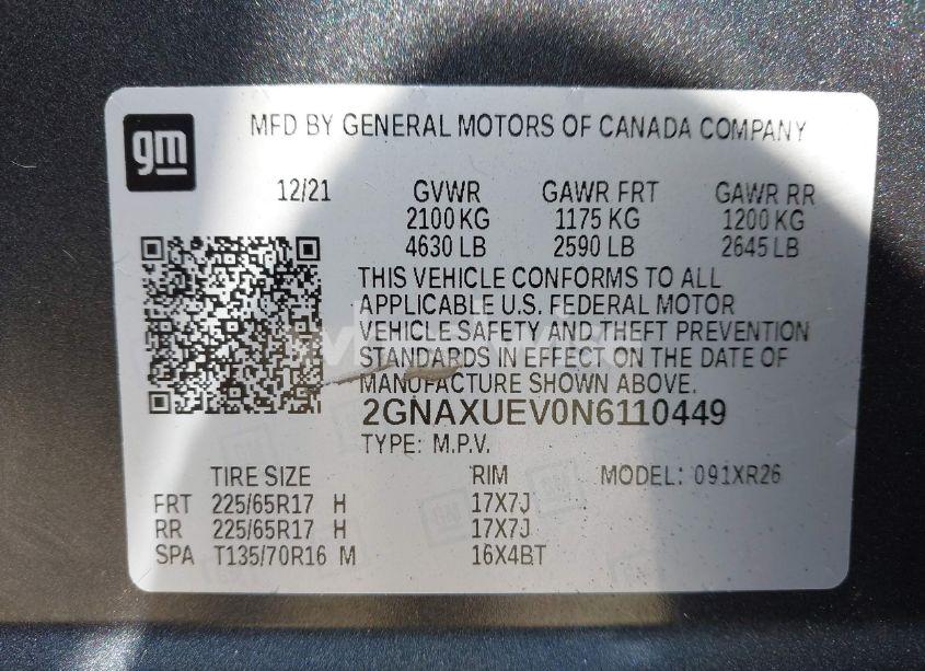 Photo 9 of 2022 Chevrolet Equinox AWD LT (VIN 2GNAXUEV0N6110449)