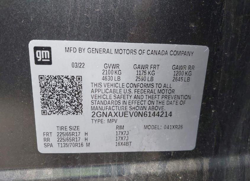 Photo 9 of 2022 Chevrolet Equinox AWD LT (VIN 2GNAXUEV0N6144214)