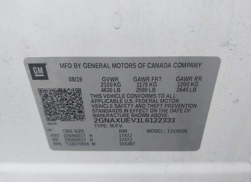 Photo 9 of 2020 Chevrolet Equinox AWD LT 1.5L TURBO (VIN 2GNAXUEV1L6122333)