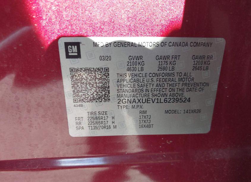 Photo 9 of 2020 Chevrolet Equinox AWD LT 1.5L TURBO (VIN 2GNAXUEV1L6239524)