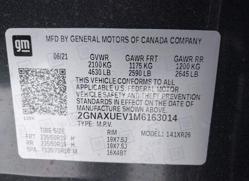 Photo 9 of 2021 Chevrolet Equinox AWD LT (VIN 2GNAXUEV1M6163014)