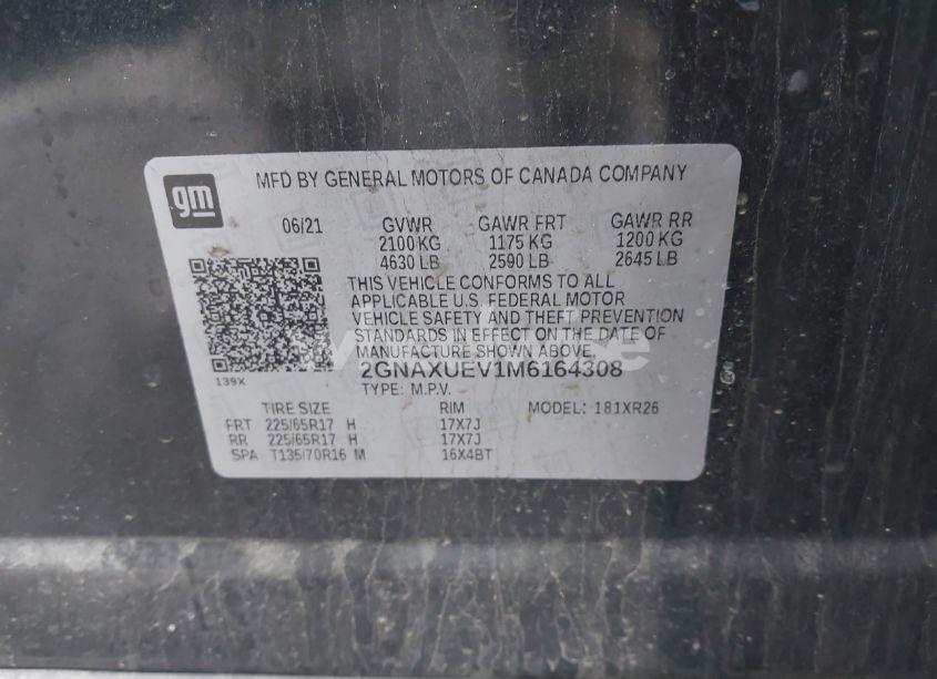 Photo 9 of 2021 Chevrolet Equinox AWD LT (VIN 2GNAXUEV1M6164308)