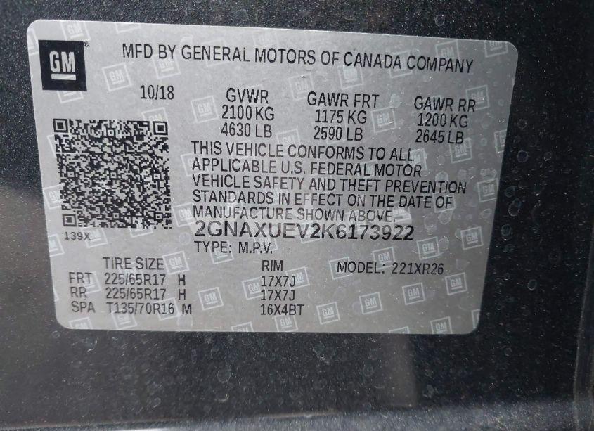 Photo 9 of 2019 Chevrolet Equinox LT (VIN 2GNAXUEV2K6173922)