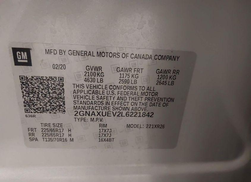 Photo 9 of 2020 Chevrolet Equinox AWD LT 1.5L TURBO (VIN 2GNAXUEV2L6221842)