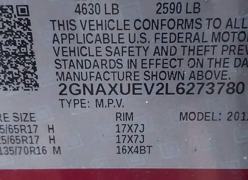 Photo 9 of 2020 Chevrolet Equinox AWD LT 1.5L TURBO (VIN 2GNAXUEV2L6273780)