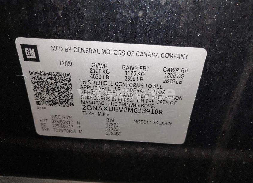 Photo 9 of 2021 Chevrolet Equinox AWD LT (VIN 2GNAXUEV2M6139109)