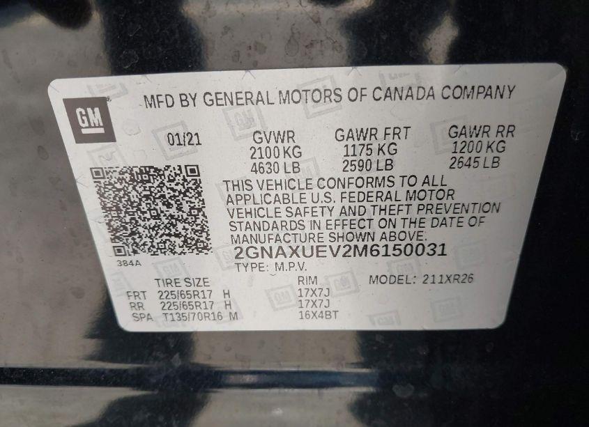 Photo 9 of 2021 Chevrolet Equinox AWD LT (VIN 2GNAXUEV2M6150031)