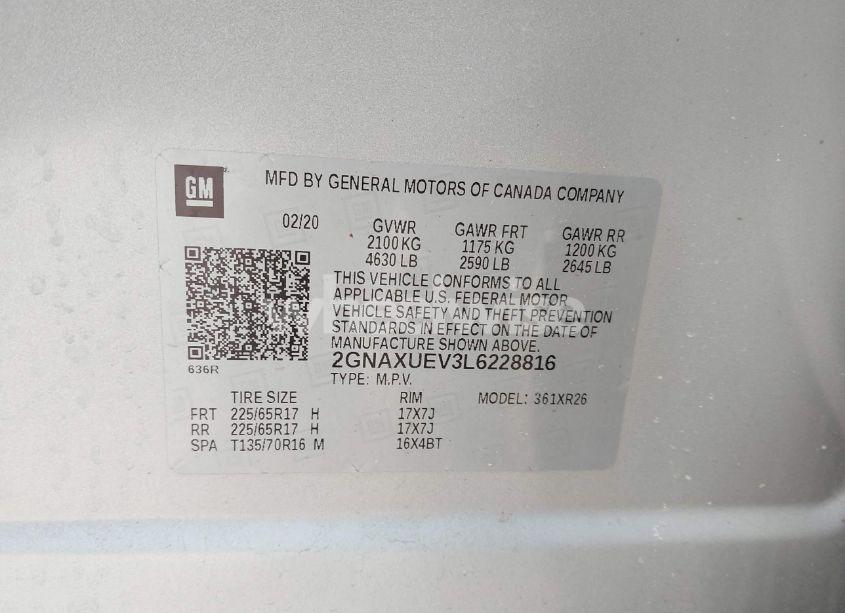 Photo 9 of 2020 Chevrolet Equinox AWD LT 1.5L TURBO (VIN 2GNAXUEV3L6228816)