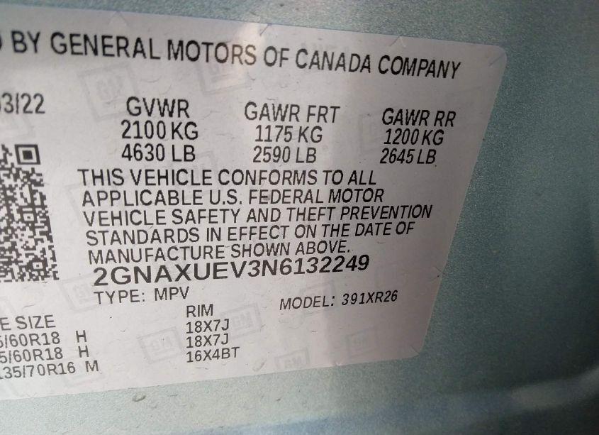 Photo 9 of 2022 Chevrolet Equinox AWD LT (VIN 2GNAXUEV3N6132249)