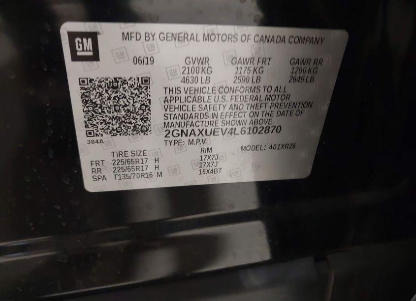 Photo 9 of 2020 Chevrolet Equinox AWD LT 1.5L TURBO (VIN 2GNAXUEV4L6102870)