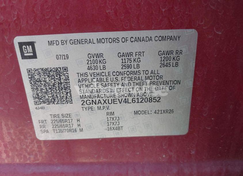 Photo 9 of 2020 Chevrolet Equinox AWD LT 1.5L TURBO (VIN 2GNAXUEV4L6120852)