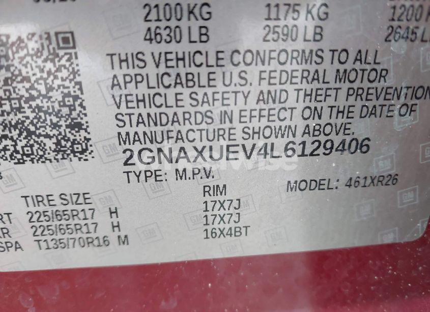 Photo 9 of 2020 Chevrolet Equinox AWD LT 1.5L TURBO (VIN 2GNAXUEV4L6129406)