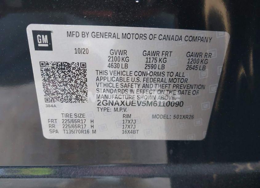 Photo 9 of 2021 Chevrolet Equinox AWD LT (VIN 2GNAXUEV5M6110090)