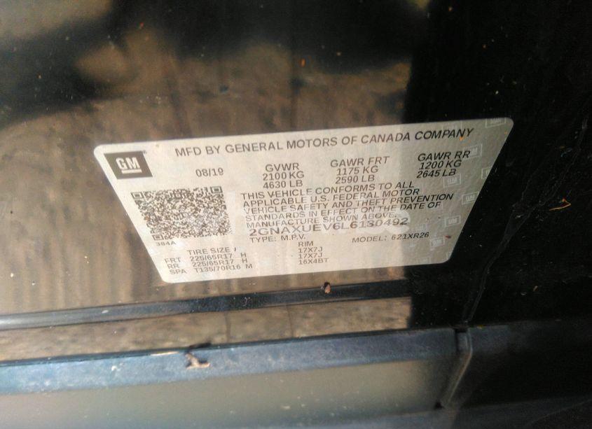 Photo 9 of 2020 Chevrolet Equinox AWD LT 1.5L TURBO (VIN 2GNAXUEV6L6130492)