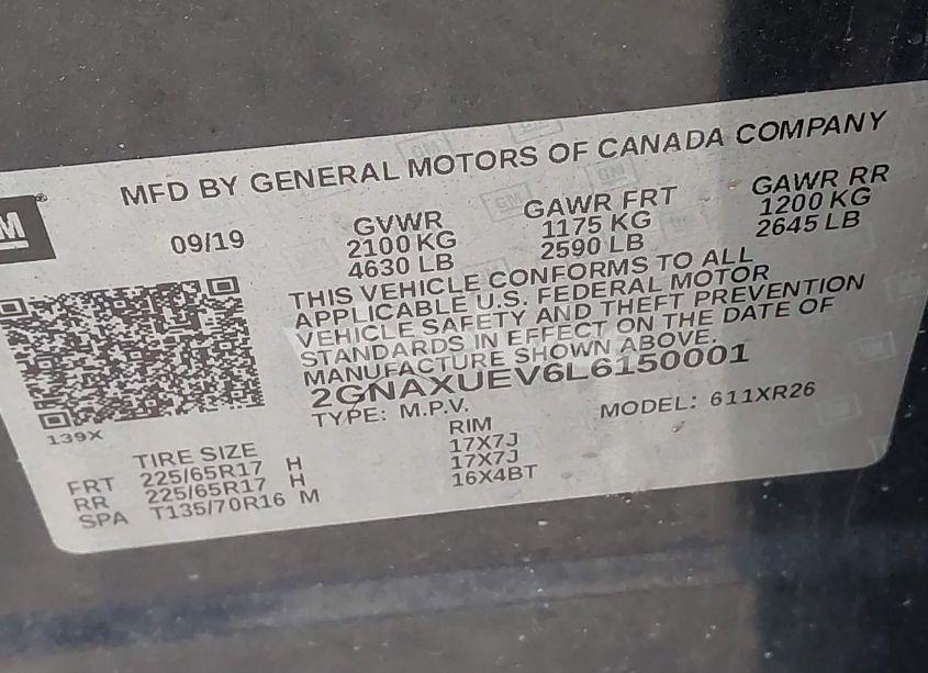 Photo 9 of 2020 Chevrolet Equinox AWD LT 1.5L TURBO (VIN 2GNAXUEV6L6150001)