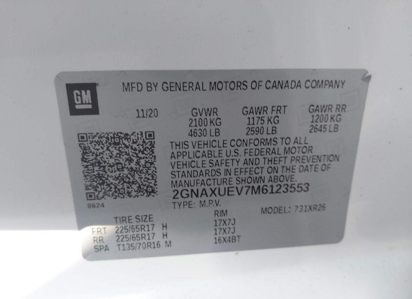 Photo 9 of 2021 Chevrolet Equinox AWD LT (VIN 2GNAXUEV7M6123553)