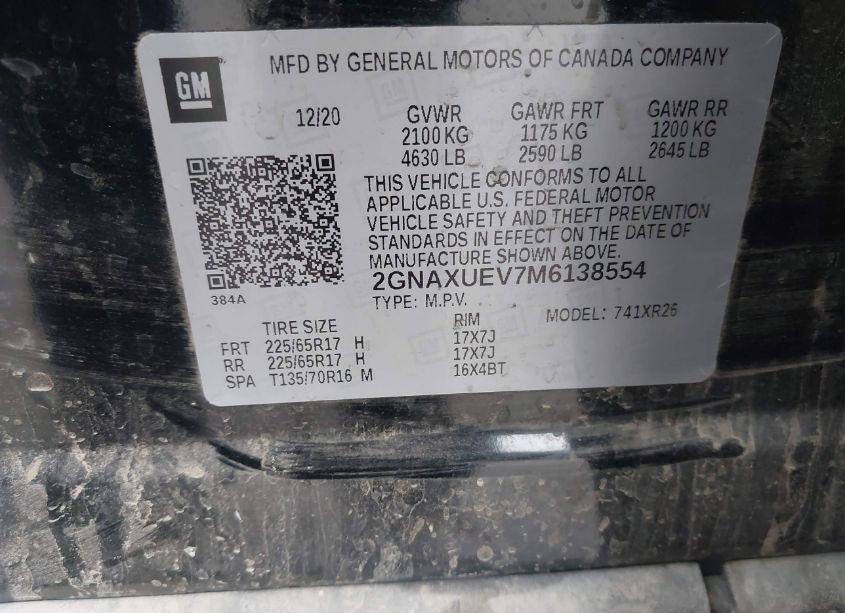 Photo 9 of 2021 Chevrolet Equinox AWD LT (VIN 2GNAXUEV7M6138554)