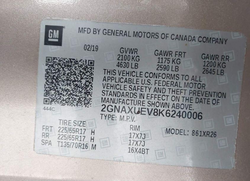 Photo 9 of 2019 Chevrolet Equinox LT (VIN 2GNAXUEV8K6240006)