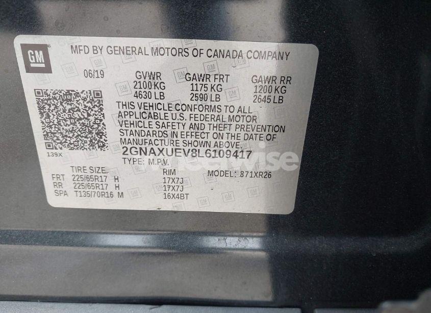 Photo 9 of 2020 Chevrolet Equinox AWD LT 1.5L TURBO (VIN 2GNAXUEV8L6109417)