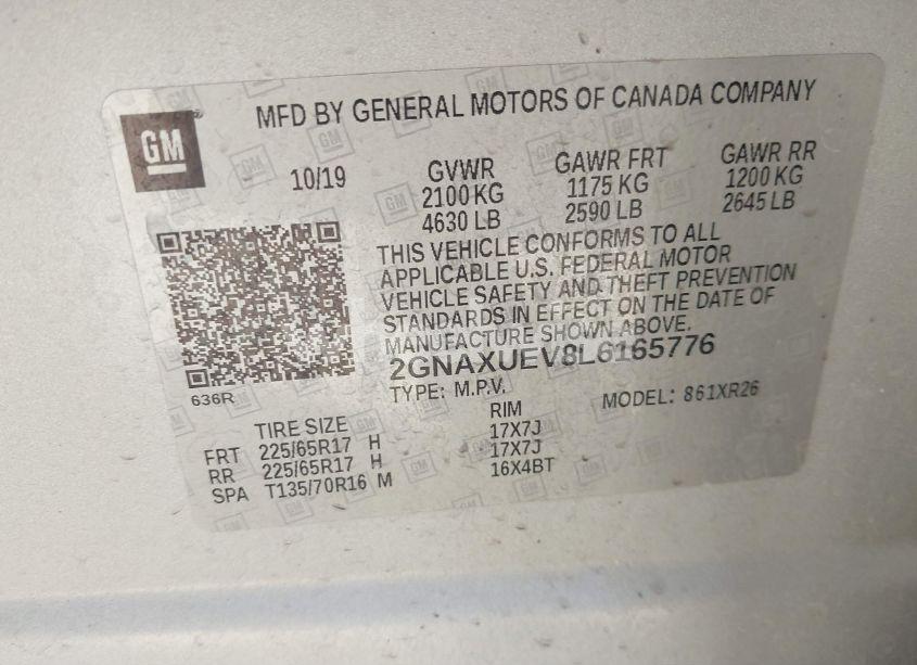 Photo 9 of 2020 Chevrolet Equinox AWD LT 1.5L TURBO (VIN 2GNAXUEV8L6165776)