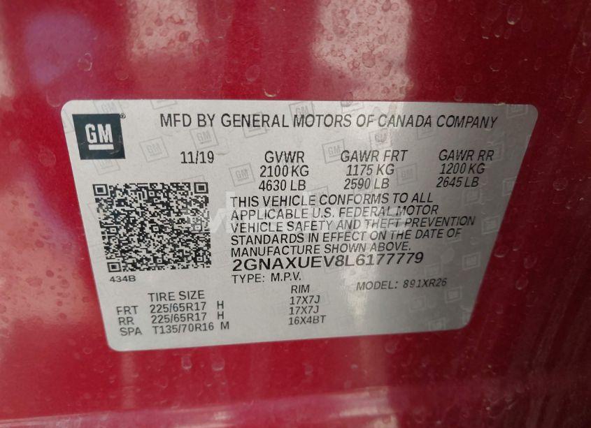 Photo 9 of 2020 Chevrolet Equinox AWD LT 1.5L TURBO (VIN 2GNAXUEV8L6177779)