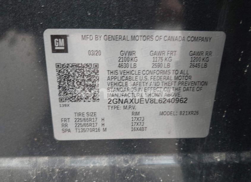 Photo 9 of 2020 Chevrolet Equinox AWD LT 1.5L TURBO (VIN 2GNAXUEV8L6240962)