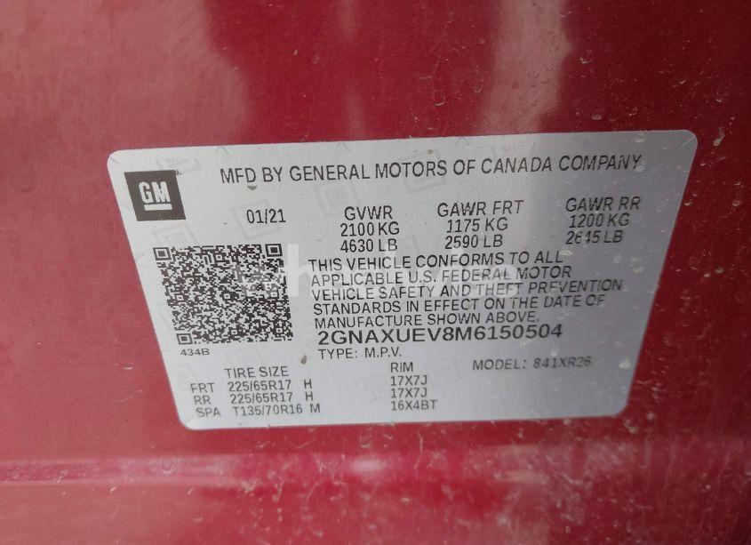 Photo 9 of 2021 Chevrolet Equinox AWD LT (VIN 2GNAXUEV8M6150504)