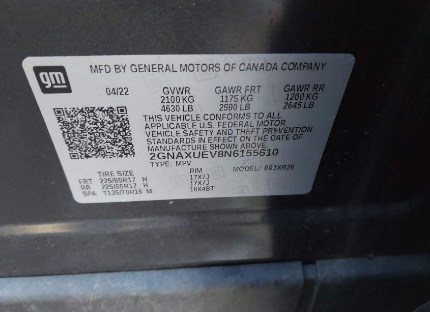 Photo 9 of 2022 Chevrolet Equinox AWD LT (VIN 2GNAXUEV8N6155610)