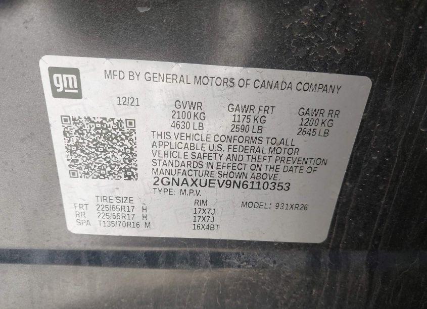 Photo 9 of 2022 Chevrolet Equinox AWD LT (VIN 2GNAXUEV9N6110353)