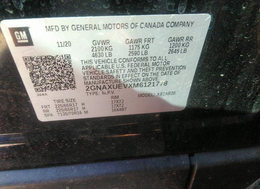 Photo 9 of 2021 Chevrolet Equinox AWD LT (VIN 2GNAXUEVXM6121778)