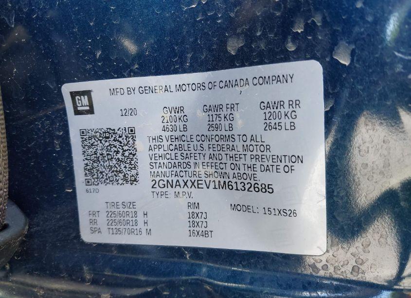 Photo 9 of 2021 Chevrolet Equinox AWD PREMIER (VIN 2GNAXXEV1M6132685)