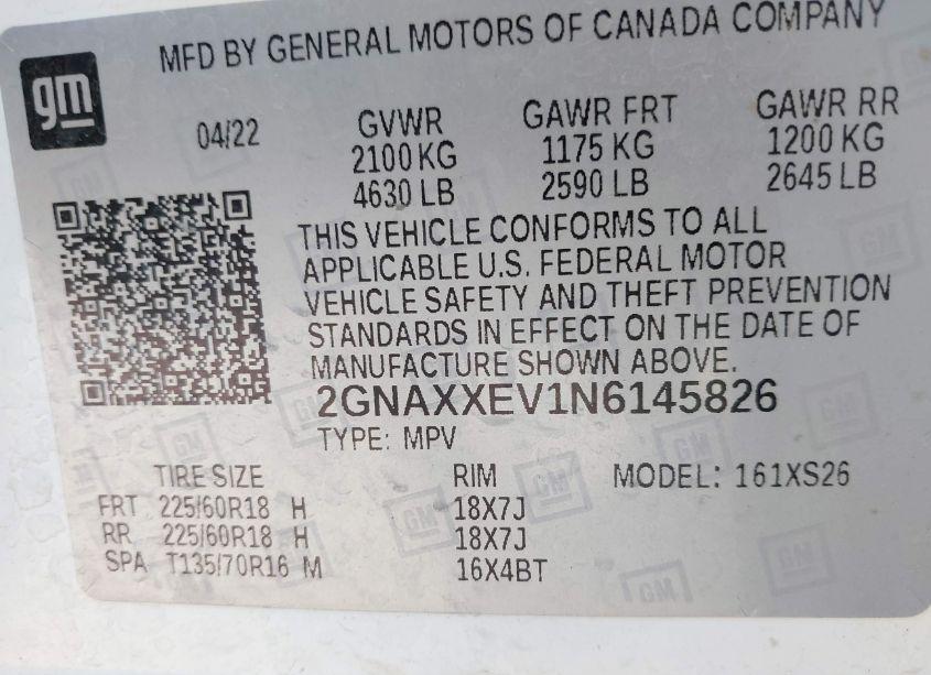 Photo 9 of 2022 Chevrolet Equinox AWD PREMIER (VIN 2GNAXXEV1N6145826)