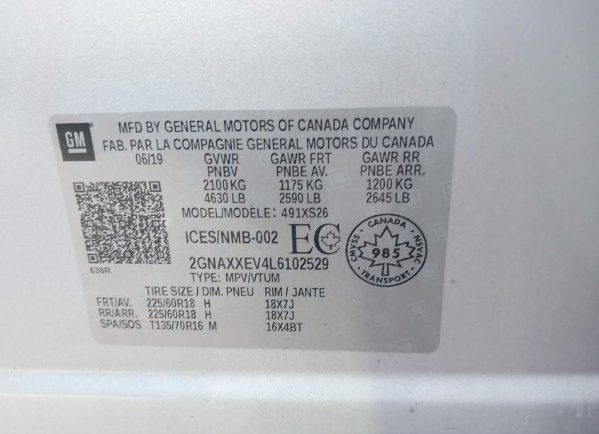 Photo 9 of 2020 Chevrolet Equinox AWD PREMIER 1.5L TURBO (VIN 2GNAXXEV4L6102529)