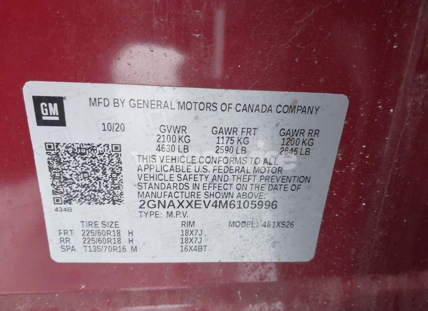 Photo 9 of 2021 Chevrolet Equinox AWD PREMIER (VIN 2GNAXXEV4M6105996)