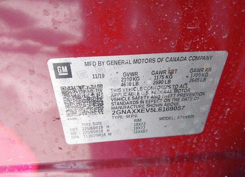 Photo 9 of 2020 Chevrolet Equinox AWD PREMIER 1.5L TURBO (VIN 2GNAXXEV5L6169057)