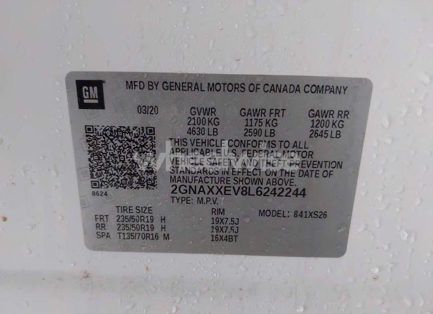 Photo 9 of 2020 Chevrolet Equinox AWD PREMIER 1.5L TURBO (VIN 2GNAXXEV8L6242244)