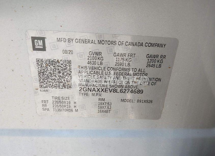 Photo 9 of 2020 Chevrolet Equinox AWD PREMIER 1.5L TURBO (VIN 2GNAXXEV8L6274689)