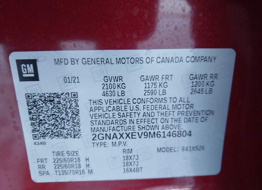 Photo 9 of 2021 Chevrolet Equinox AWD PREMIER (VIN 2GNAXXEV9M6146804)