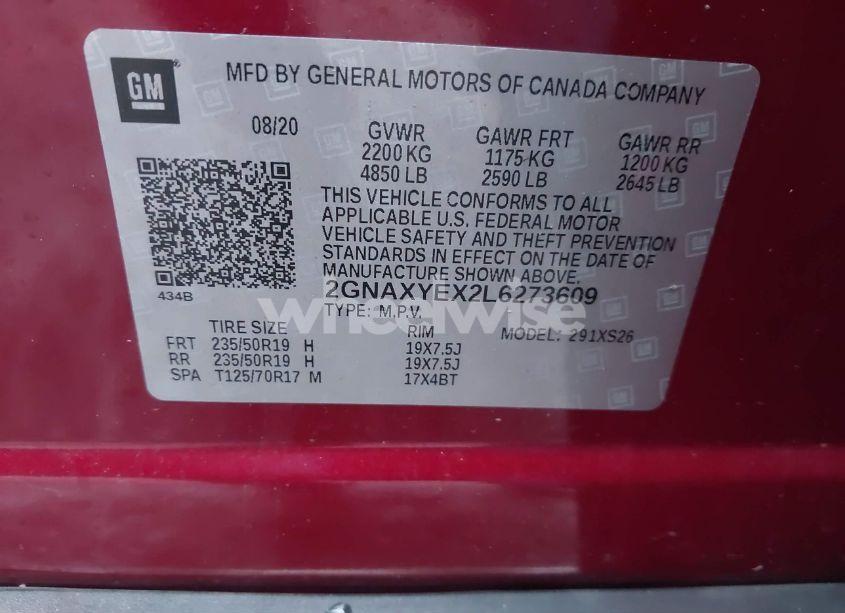 Photo 9 of 2020 Chevrolet Equinox AWD PREMIER 2.0L TURBO (VIN 2GNAXYEX2L6273609)