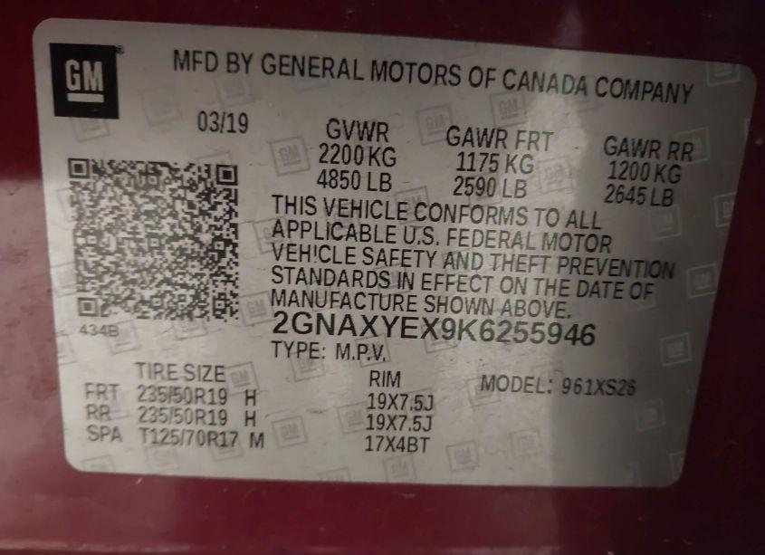 Photo 9 of 2019 Chevrolet Equinox PREMIER (VIN 2GNAXYEX9K6255946)