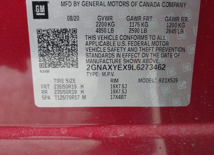 Photo 9 of 2020 Chevrolet Equinox AWD PREMIER 2.0L TURBO (VIN 2GNAXYEX9L6273462)