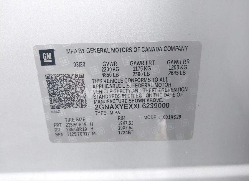 Photo 9 of 2020 Chevrolet Equinox AWD PREMIER 2.0L TURBO (VIN 2GNAXYEXXL6239000)