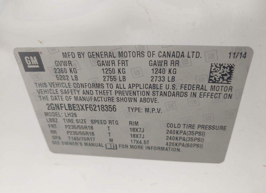 Photo 9 of 2015 Chevrolet Equinox 1LT (VIN 2GNFLBE3XF6218356)