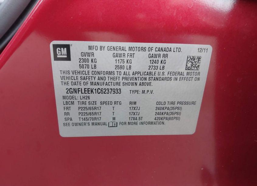 Photo 9 of 2012 Chevrolet Equinox 1LT (VIN 2GNFLEEK1C6237933)