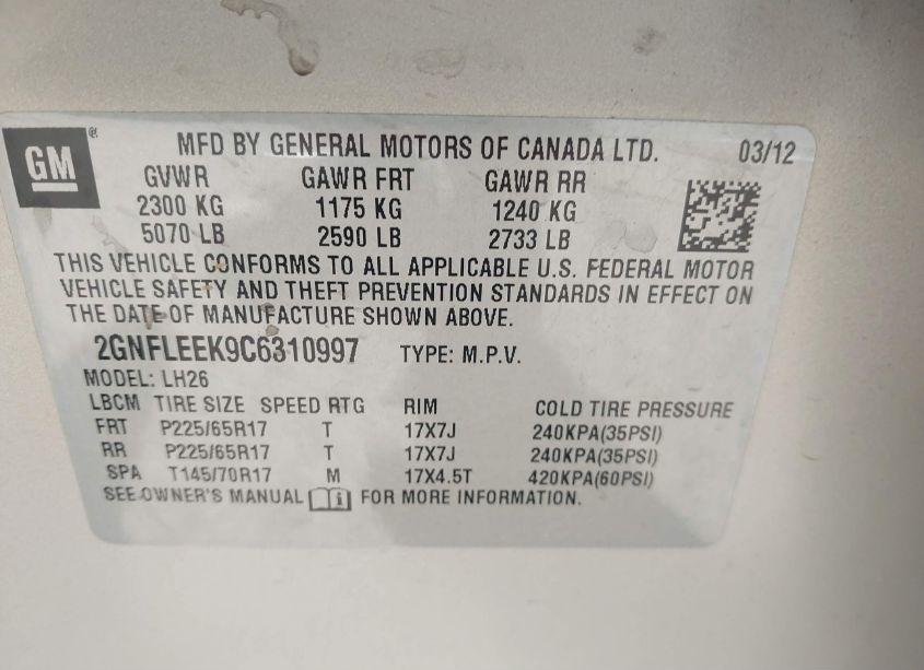 Photo 9 of 2012 Chevrolet Equinox 1LT (VIN 2GNFLEEK9C6310997)