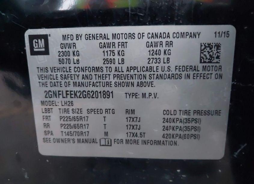 Photo 9 of 2016 Chevrolet Equinox LT (VIN 2GNFLFEK2G6201891)