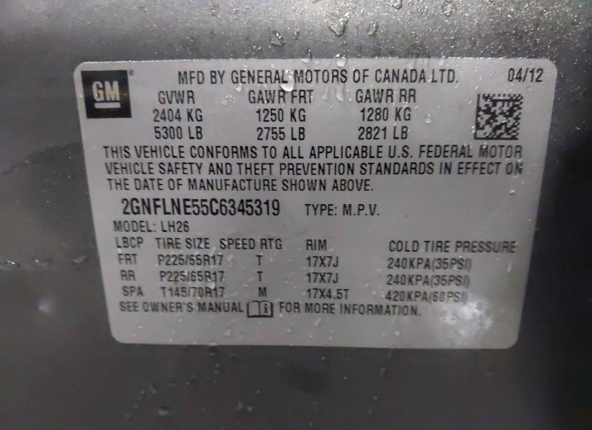 Photo 9 of 2012 Chevrolet Equinox 2LT (VIN 2GNFLNE55C6345319)