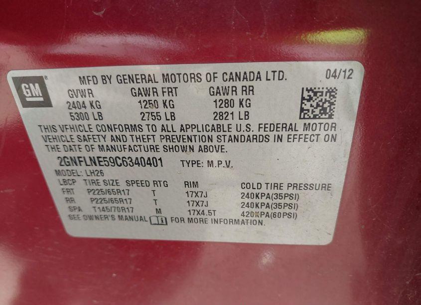 Photo 9 of 2012 Chevrolet Equinox 2LT (VIN 2GNFLNE59C6340401)