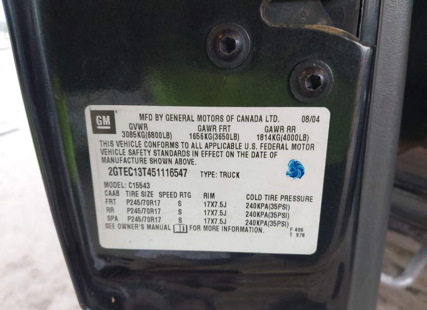 Photo 9 of 2005 Gmc Sierra 1500 SLE (VIN 2GTEC13T451116547)