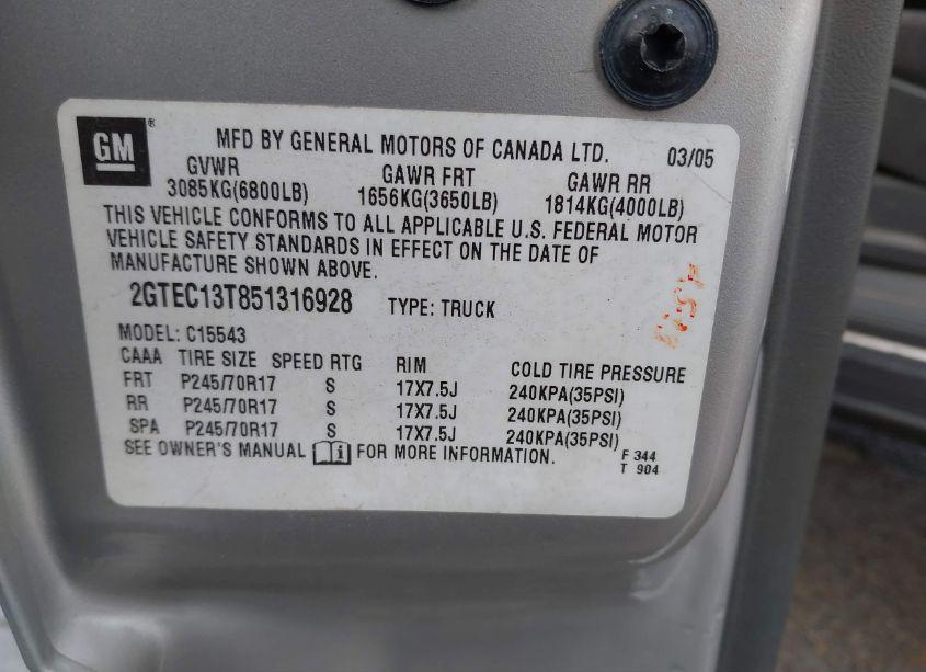 Photo 9 of 2005 Gmc Sierra 1500 SLE (VIN 2GTEC13T851316928)